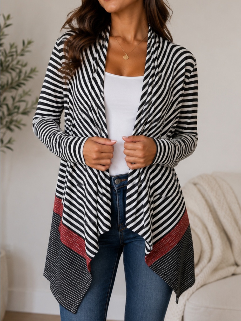 Hem & Thread Gray/White Striped Open Front Cotton/Rayon Waterfall Cardigan SizeM
